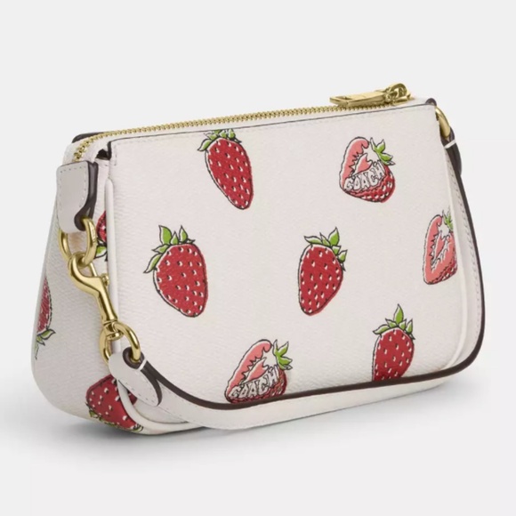 NEW Coach Nolita 19 Leather Wristlet With Strawberry Print CAL25 Gold / Chalk - Picture 3 of 6